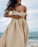 Vestido de cintura alta com suspensório respirável de algodão e linho Verão europeu e americano Novo estilo de férias saia longa para mulheres