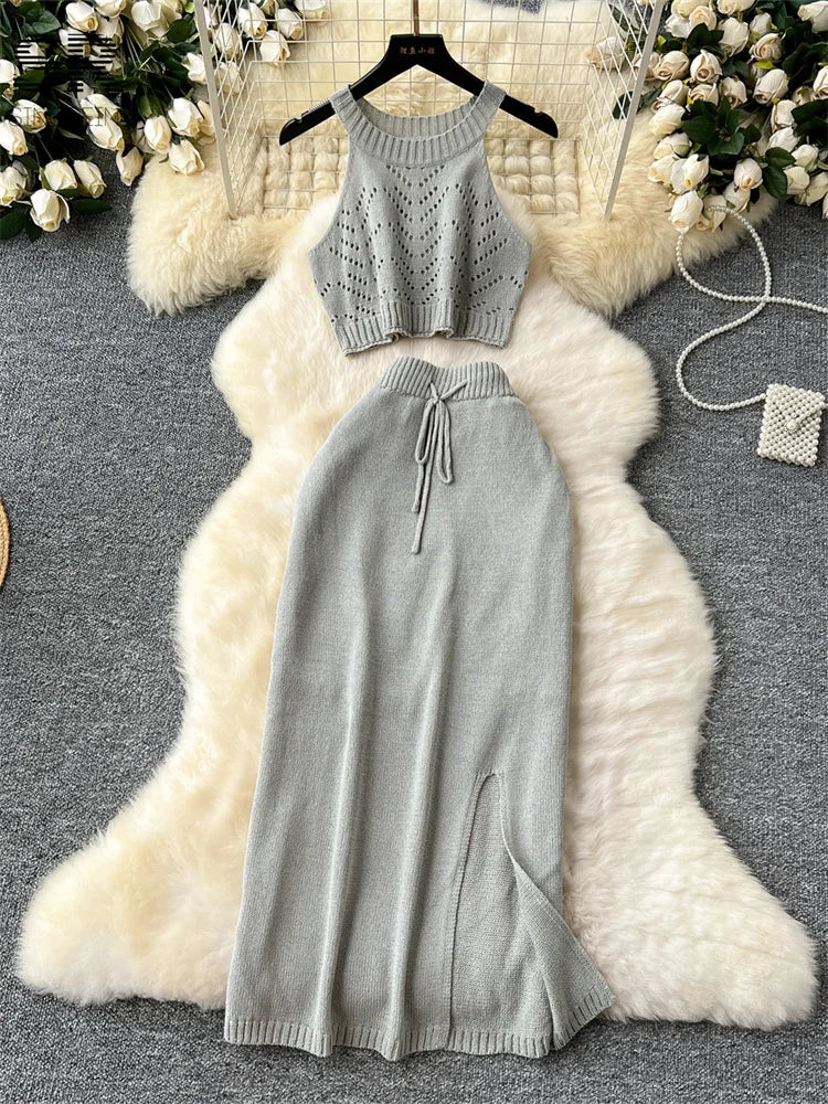 SINGREINY Verão Suave Malha 2 pcs Conjuntos Mulheres Halter Sem Mangas Camis + Bodycon Split Saia Com Cordão Oco Out Ternos De Férias