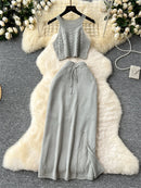 SINGREINY Verão Suave Malha 2 pcs Conjuntos Mulheres Halter Sem Mangas Camis + Bodycon Split Saia Com Cordão Oco Out Ternos De Férias