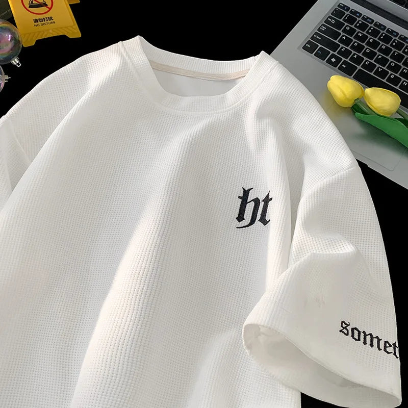 Hefty Walfr Checks Estilo Japonês Ins Camiseta de Manga Curta para Homens Primavera Verão Juventude Oversize Gola Redonda Meia Manga