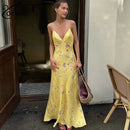 Vestido Feminino Casual Oymimi com Estampa Amarela Elegante Alças Finas Costas Abertas Moda Outono Cintura Alta Vestido de Tornozelo