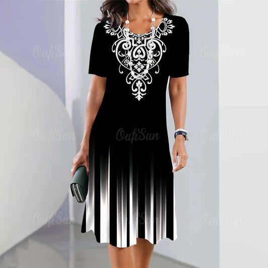 Moda Listrada Mulher Roupas Vestidos Simplicidade Imprimir Manga Curta Vestido Feminino Elegante Preto Feminino Vestido Longo Pulôver 2024