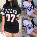 2024 Nova Moda Decote Em V Rainha Letras Vestido Estampado Manga Curta Basquete Estilo Esportivo Sexy Solto Roupas Femininas Streetwear