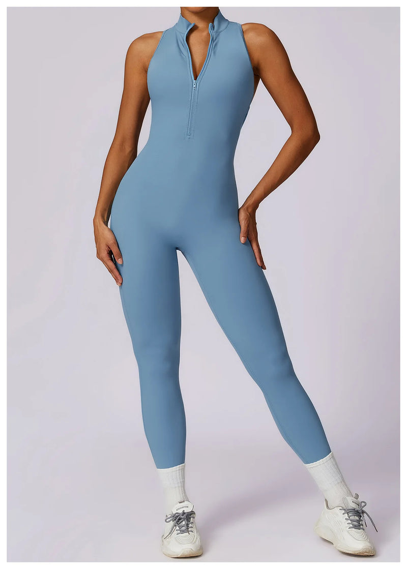 V Voltar Terno De Uma Peça Das Mulheres Macacão Esportivo Zíperes Yoga Macacão Backless Sportswear Mulheres Sleeveles Workout Bodysuits Feminino