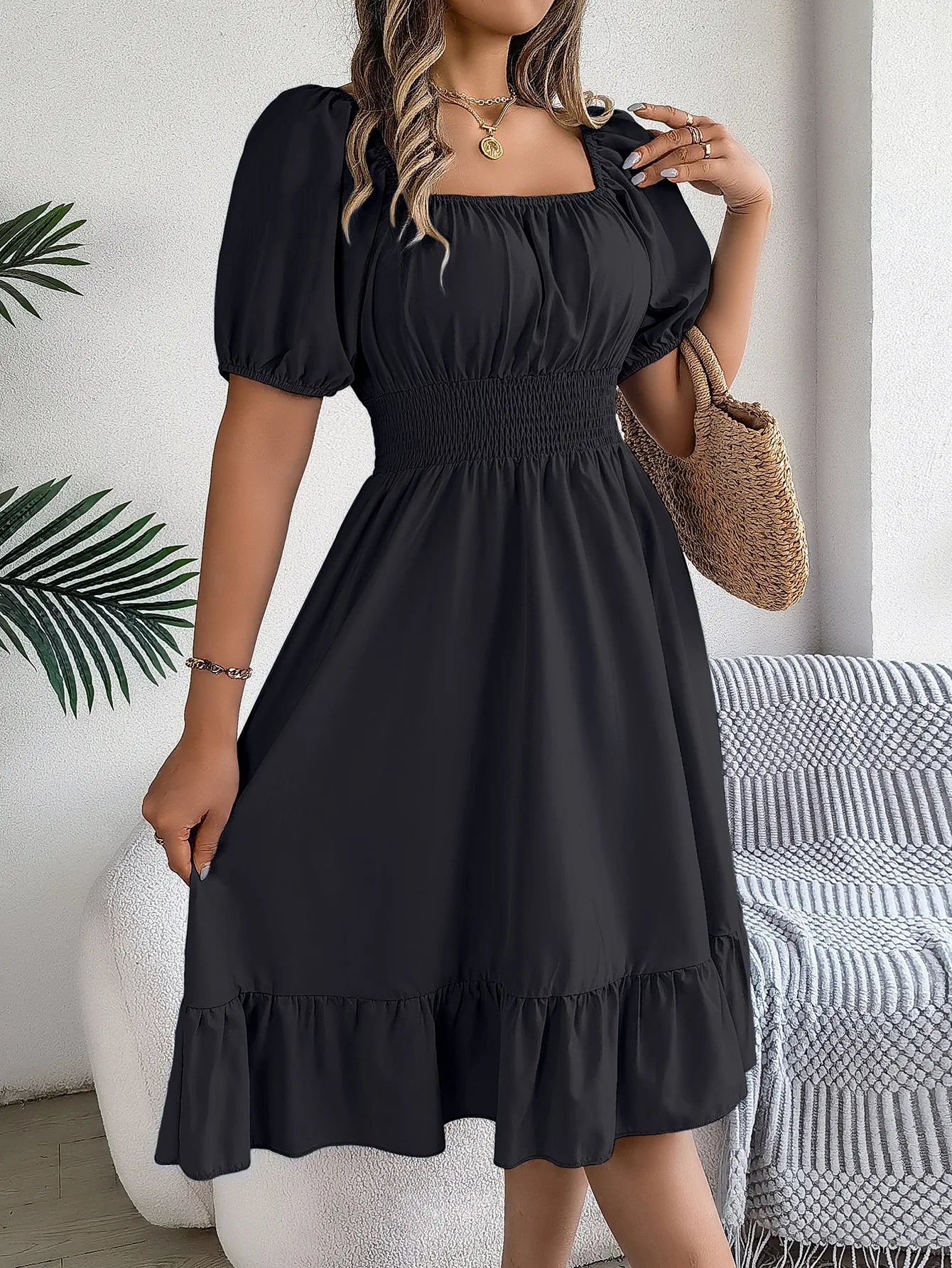Mulheres Vestidos Pequenos 2024 Verão Casual Decote Quadrado Manga Curta Cintura Vestido de Borda com Babado Mulheres Elegante