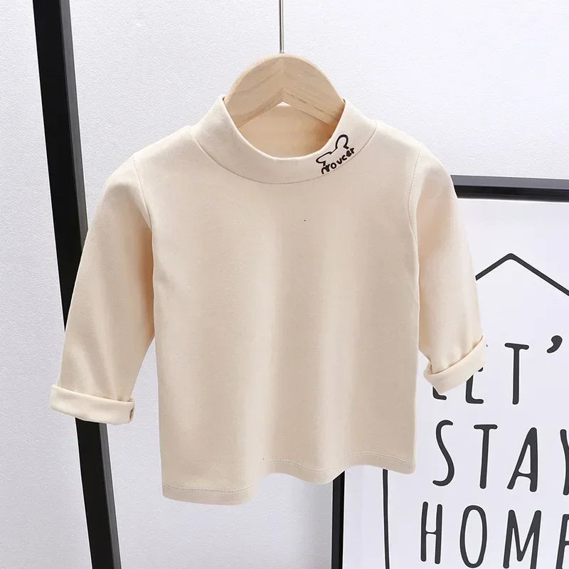 Outono Inverno Crianças Crianças Meninos Meninas T-shirts Tops Gola Alta Sólida Manga Comprida Quente Velo Bottoming Camisas Tees para Crianças
