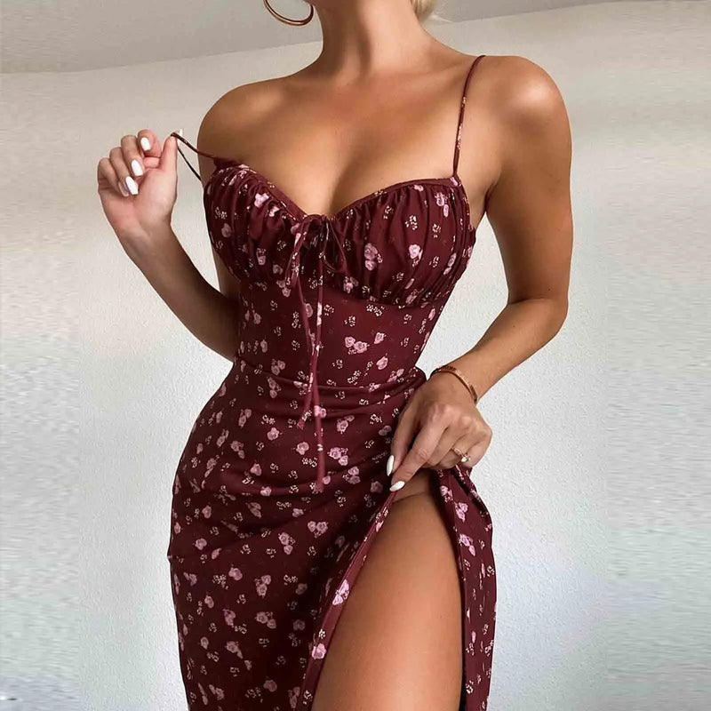 Elegante Elegante Flor Impressão Alças Finas Vestidos Para Mulheres 2024 Camisola Profundo Decote Em V Suspender Vestido Mulher Roupas