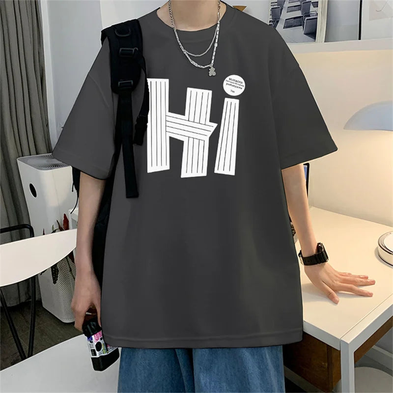 Camisetas masculinas Algodão 4XL Tamanho Grande Preto Masculino Verão Camiseta Oversized Letra Oi Impressão Casual Camisetas Roupas Masculinas