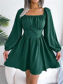 Vestido Casual Franzido com Decote Quadrado e Manga Longa com Acabamento em Babados para Primavera e Outono, Roupas Femininas