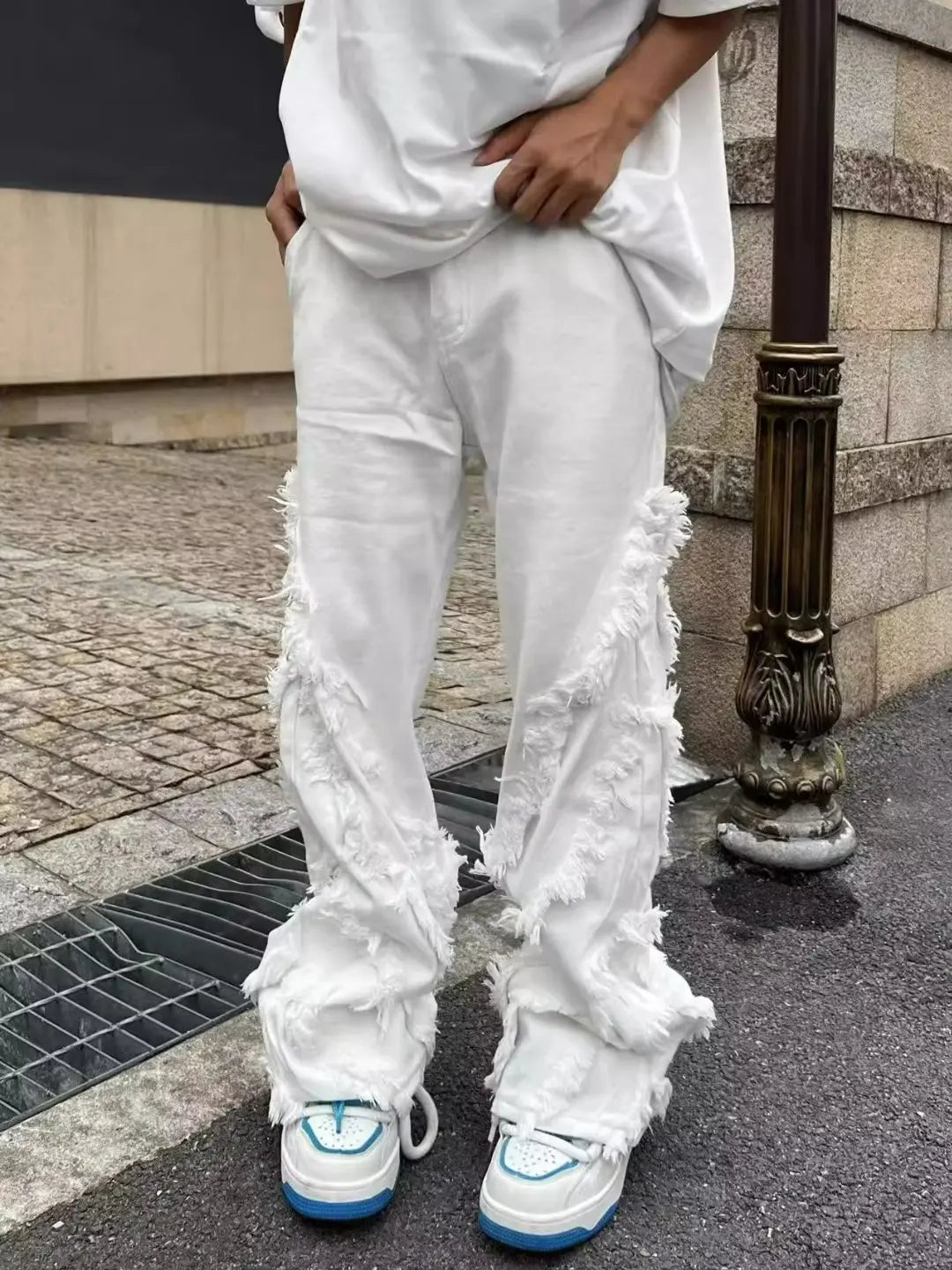 Jeans de Rua Estilo Americano Erosão Danos Raw Edge para Homens Estilo Harajuku Dança Reta Jeans Brancos Roupas Y2k para Mulheres