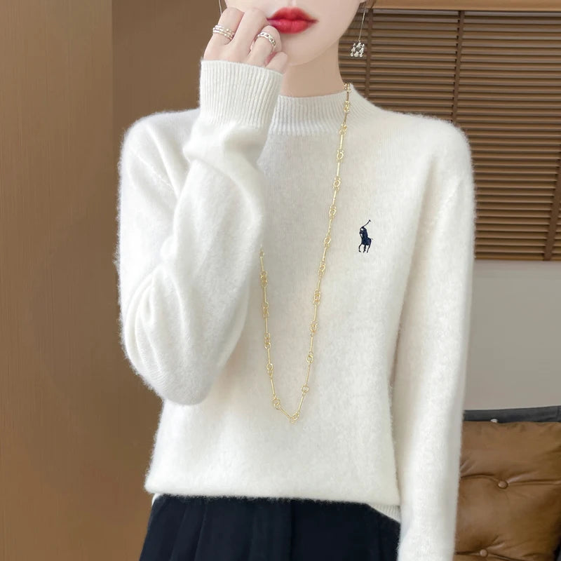 2025 Outono/Inverno Feminino Novo Moletom Com Capuz De Caxemira Elegante Bordado Meio Alto Gola Macia Caxemira Explosiva100% Lã Australiana