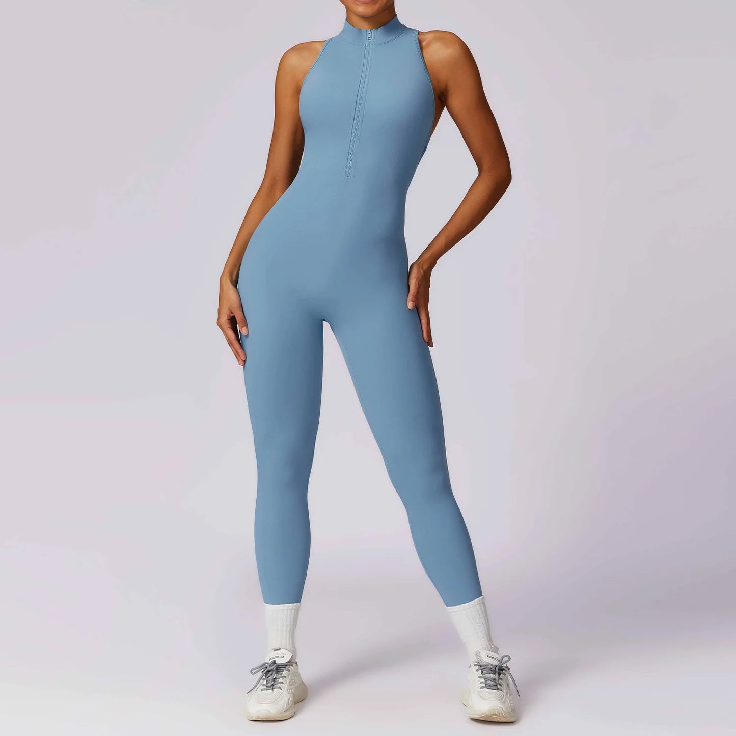 V Voltar Terno De Uma Peça Das Mulheres Macacão Esportivo Zíperes Yoga Macacão Backless Sportswear Mulheres Sleeveles Workout Bodysuits Feminino