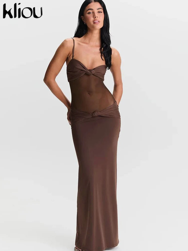 kliou Malha Suspendência Mulheres Maxi Vestido Sexy Ver Através Amarrado Patchwork Gola Baixa Sem Encosto Bodycon Feminino Moda Festa Vestidos