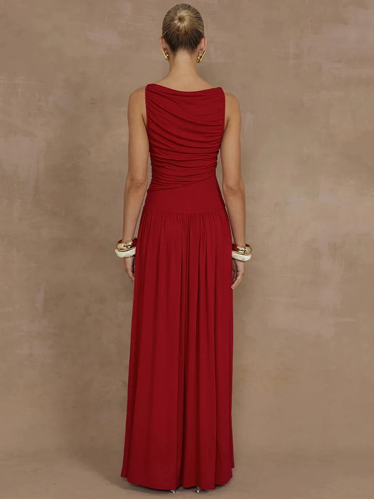 Mozision Elegante Sem Mangas Maxi Vestido Para As Mulheres Moda Sólida Barco Pescoço Tanque Vestidos Senhoras Sexy Ruched Vestido Longo Novo Vestido