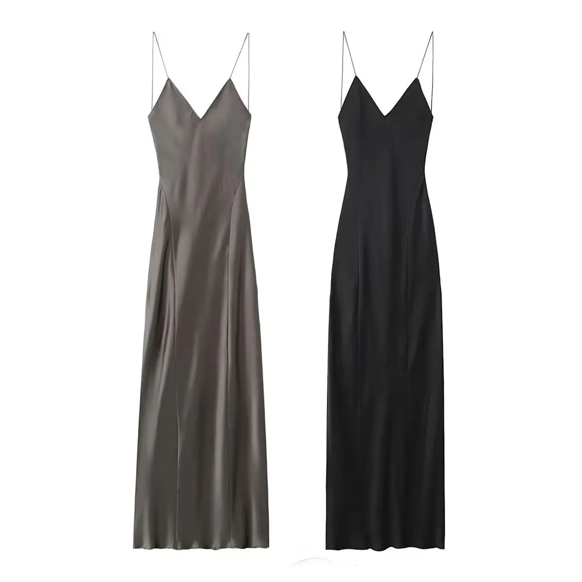 TRAFZA 2024 Mulheres Vestido de Verão Cetim Sem Mangas Sem Encosto Decote Em V Feminino Vestidos Longos Chic Sexy Party Vintage Mulher Vestido de Noite
