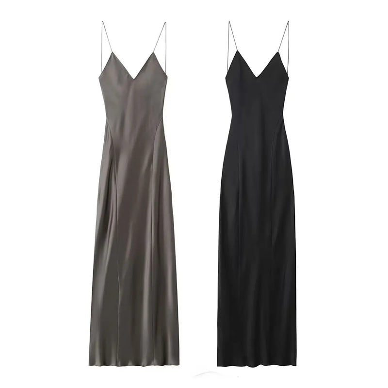 TRAFZA 2024 Mulheres Vestido de Verão Cetim Sem Mangas Sem Encosto Decote Em V Feminino Vestidos Longos Chic Sexy Party Vintage Mulher Vestido de Noite