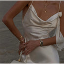 Sexy fita branca de seda cetim estilingue vestido para as mulheres elegante swing colarinho backless vestidos longos 2025 mulheres novo praia férias robe