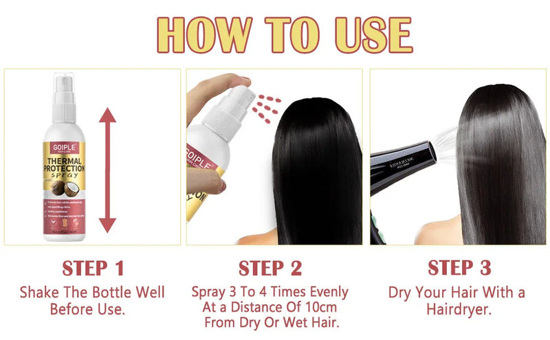 Spray Protetor Térmico de Coco GOIPLE para Cabelo, Livre de Parabenos e Corantes, Protege Contra Danos por Calor, Adequado para Cuidados Diários