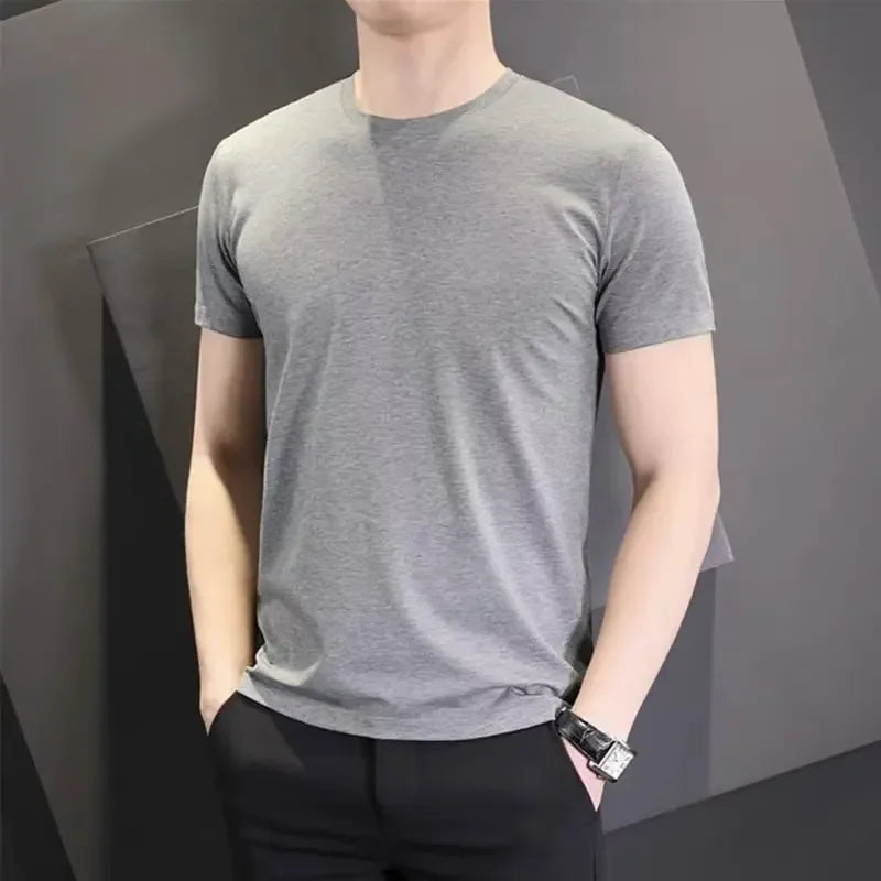 Camiseta masculina de verão estilo coreano Slim Fit de manga curta 140g blusa de poliéster suaviza sua silhueta Cor sólida Camada de base Top
