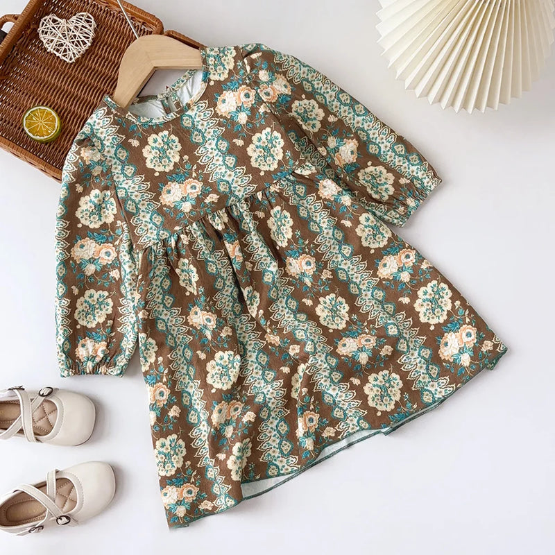 Urso Líder Novo Outono Meninas Vestido Primavera Crianças Princesa Vestido Casual Trajes Florais Crianças Roupas Flores Vestidos 2-8 Anos
