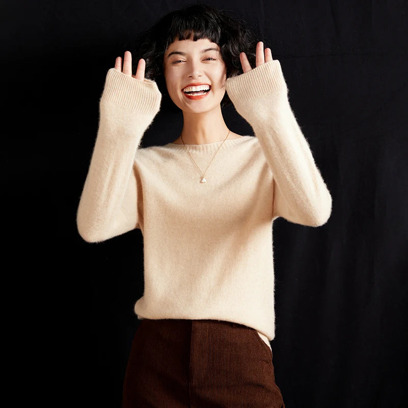 Pulôver feminino outono/inverno 100% puro suéter de caxemira casual suéter de malha gola redonda solto Tops básico versátil Blusa
