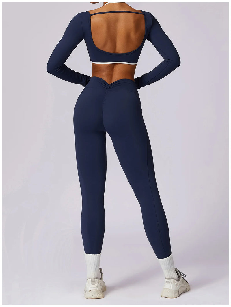 2 Peças Mulheres Treino Conjunto de Ioga Treino Sportswear Roupas de Ginástica Fitness Manga Comprida Crop Top Leggings de Cintura Alta Ternos Esportivos