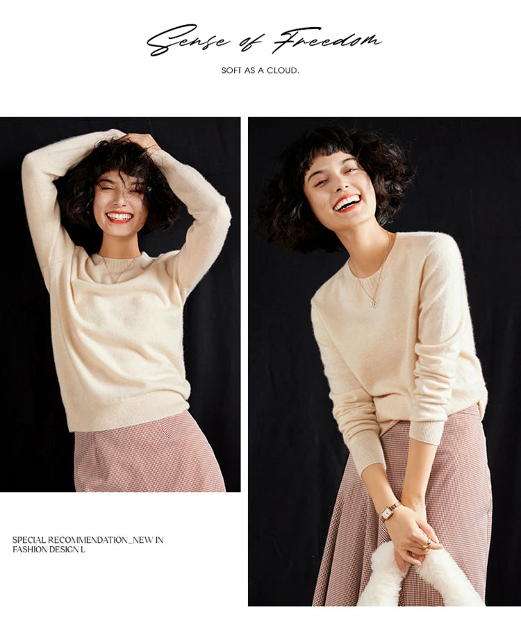 Pulôver feminino outono/inverno 100% puro suéter de caxemira casual suéter de malha gola redonda solto Tops básico versátil Blusa