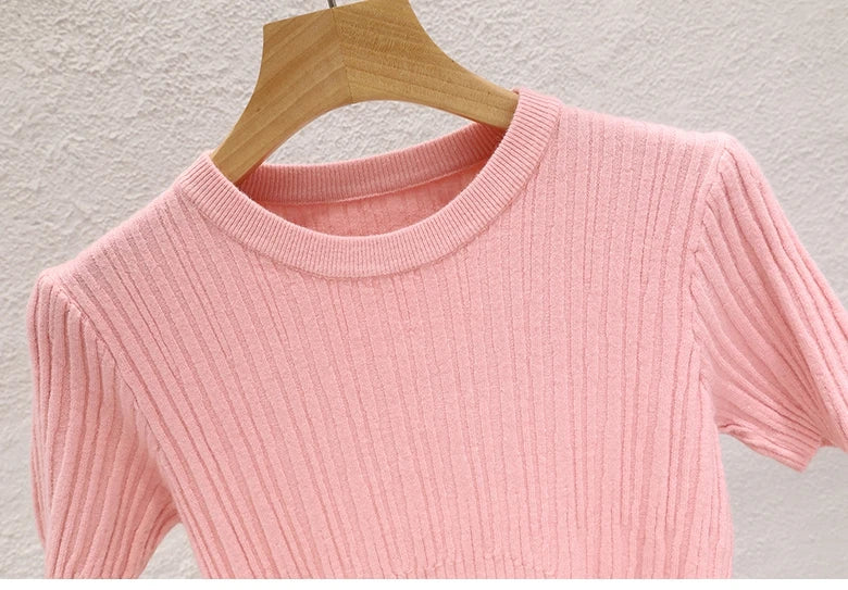 Camisetas de verão para mulheres Casual Feminino Coreano Malha Streetwear Tees Básico Sólido Jovem Cool Tops