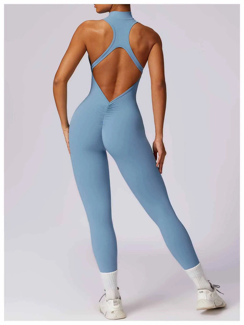 V Voltar Terno De Uma Peça Das Mulheres Macacão Esportivo Zíperes Yoga Macacão Backless Sportswear Mulheres Sleeveles Workout Bodysuits Feminino