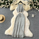 SINGREINY Verão Suave Malha 2 pcs Conjuntos Mulheres Halter Sem Mangas Camis + Bodycon Split Saia Com Cordão Oco Out Ternos De Férias