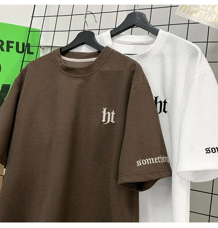 Hefty Walfr Checks Estilo Japonês Ins Camiseta de Manga Curta para Homens Primavera Verão Juventude Oversize Gola Redonda Meia Manga