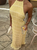 Elegante Plissado Halter Vestidos Longos Mulheres Retro Sexy Slim Sem Mangas Sem Encosto Vestido de Praia Feminino Chic Party Holiday Vestidos