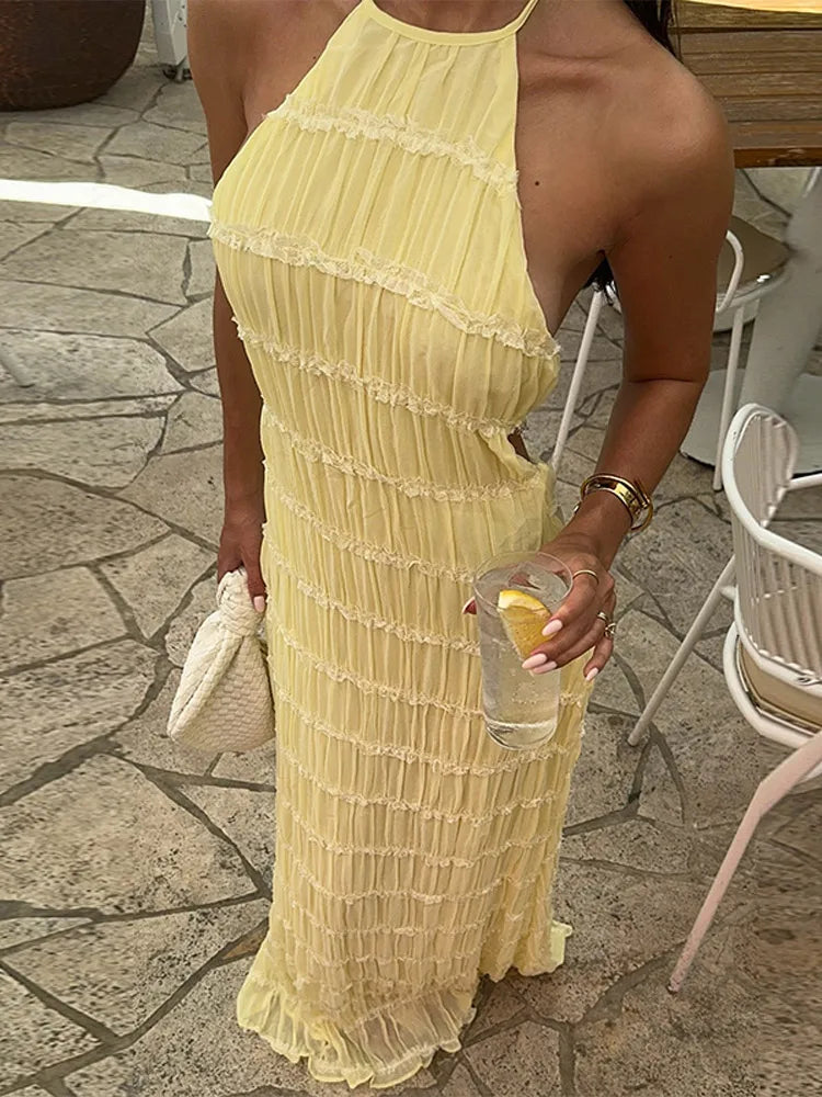 Elegante Plissado Halter Vestidos Longos Mulheres Retro Sexy Slim Sem Mangas Sem Encosto Vestido de Praia Feminino Chic Party Holiday Vestidos