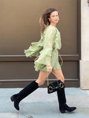 Mulheres elegantes verde irregular babados soltos mini vestido moda o pescoço manga cheia vestidos curtos primavera verão chique vestidos de senhora