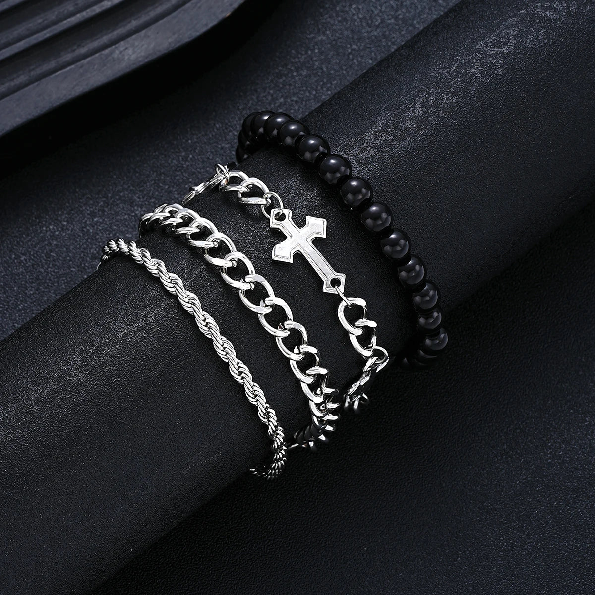 Conjunto de 4 Pcs Pulseira de Aço Inoxidável Para Homens Mulheres Punk Moda Cross Beads Pulseiras de Corrente Simples Hip Hop Unissex Jóias Presente Novo
