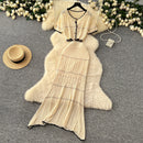 SINGREINY Verão Suave Ternos de Tricô Mulheres Botão Design Manga Curta O Pescoço Tops + Bodycon Saia Gancho Flor Oco 2pcs Set