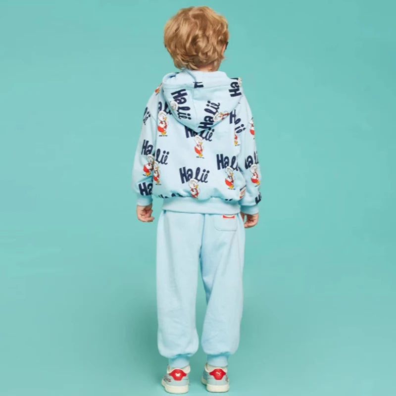 Conjunto de roupas infantis 2025 Nova Primavera Outono Meninos Meninas Cartoon Impresso Com Capuz Conjunto de Calças Casuais Crianças Roupas Casuais Sólidas