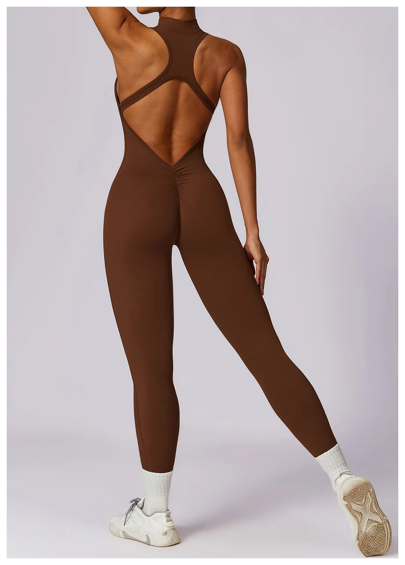 V Voltar Terno De Uma Peça Das Mulheres Macacão Esportivo Zíperes Yoga Macacão Backless Sportswear Mulheres Sleeveles Workout Bodysuits Feminino