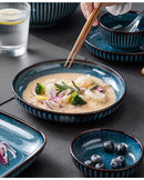 Pratos de cerâmica vitrificada em forno azul, pratos de jantar para micro-ondas, tigelas de salada de arroz redondas, talheres domésticos