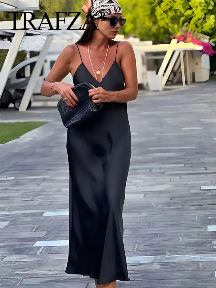 TRAFZA 2024 Mulheres Vestido de Verão Cetim Sem Mangas Sem Encosto Decote Em V Feminino Vestidos Longos Chic Sexy Party Vintage Mulher Vestido de Noite