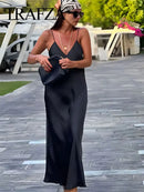 TRAFZA 2024 Mulheres Vestido de Verão Cetim Sem Mangas Sem Encosto Decote Em V Feminino Vestidos Longos Chic Sexy Party Vintage Mulher Vestido de Noite