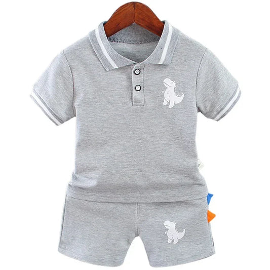 Verão Crianças Roupas Do Bebê Meninos Conjunto de Roupas Dinossauro Impresso Turn-down Collar T-Shirts Tops + Shorts 2PCS / Suit Conjuntos de Roupas Infantis