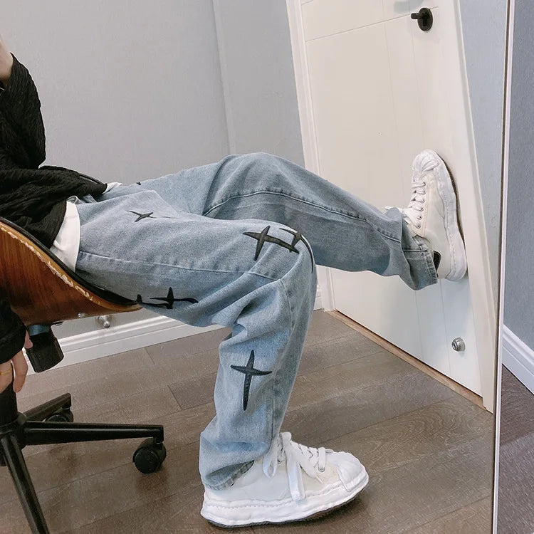 Estampas Jeans Homens 2023 Novo Streetwear Baggy Wide Leg Jeans Coreano Moda Cortinas Reta Casual Solta Denim Cargo Calças