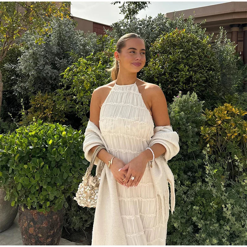 Elegante Plissado Halter Vestidos Longos Mulheres Retro Sexy Slim Sem Mangas Sem Encosto Vestido de Praia Feminino Chic Party Holiday Vestidos