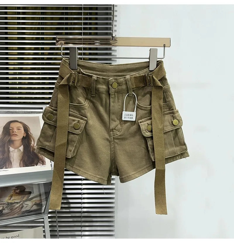 Shorts jeans de bolso grande para mulheres elásticas finas 2024 novas calças cargo curtas de cintura alta primavera/verão para meninas legais calças jeans quentes