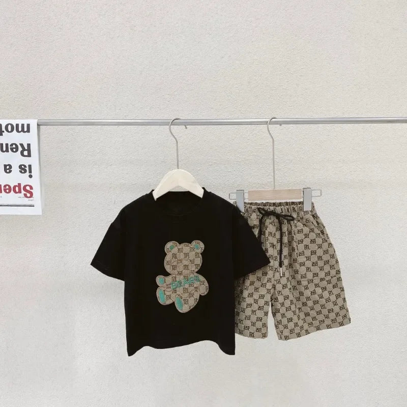 Roupas para Crianças Meninos Verão Cartoon Bear T-Shirt & Plaid Shorts Conjunto de 2 Peças Conjunto de Treino Geométrico Adolescente Menina Urso Estereoscópico