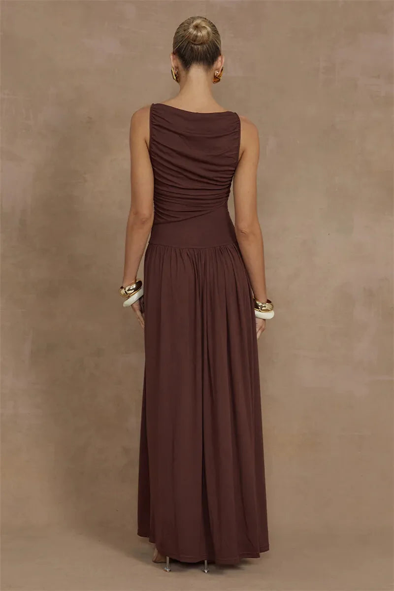 Mozision Elegante Sem Mangas Maxi Vestido Para As Mulheres Moda Sólida Barco Pescoço Tanque Vestidos Senhoras Sexy Ruched Vestido Longo Novo Vestido
