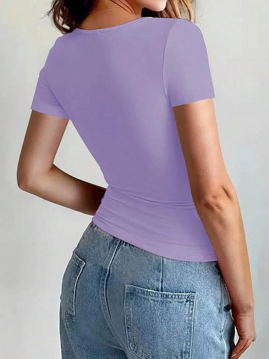 Camisetas Femininas Básicas Decote Redondo Manga Curta Tops Curtos Tops Fofos de Verão Camisetas Slim Fit Y2k Roupas 2024