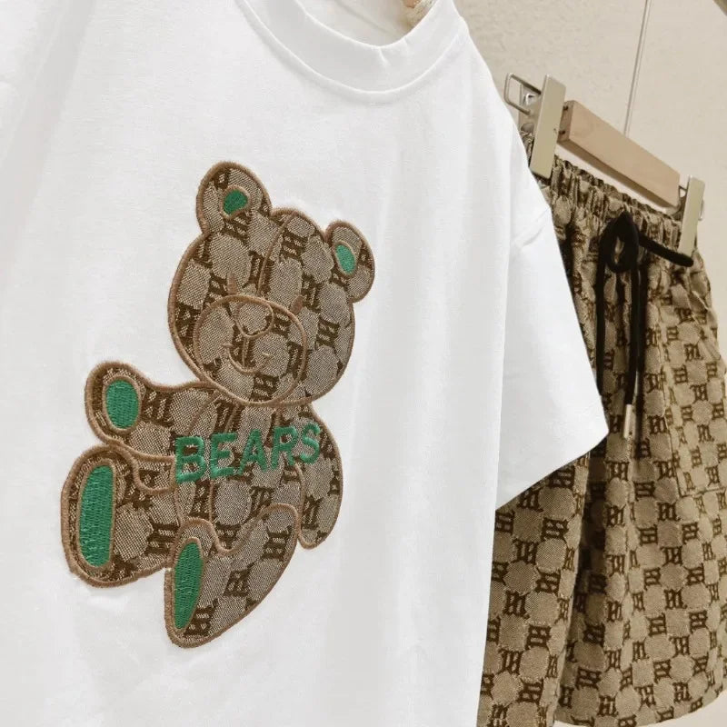 Roupas para Crianças Meninos Verão Cartoon Bear T-Shirt & Plaid Shorts Conjunto de 2 Peças Conjunto de Treino Geométrico Adolescente Menina Urso Estereoscópico