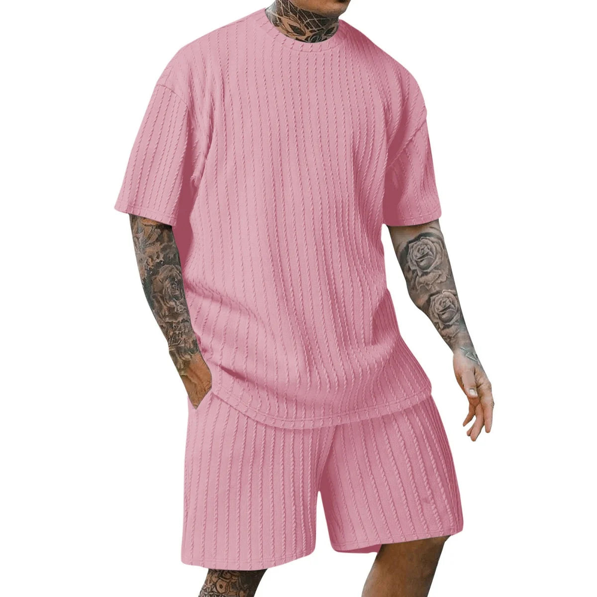 Nova moda masculina esportes de verão cor sólida gola vertical listra T-shirt shorts terno de manga curta
